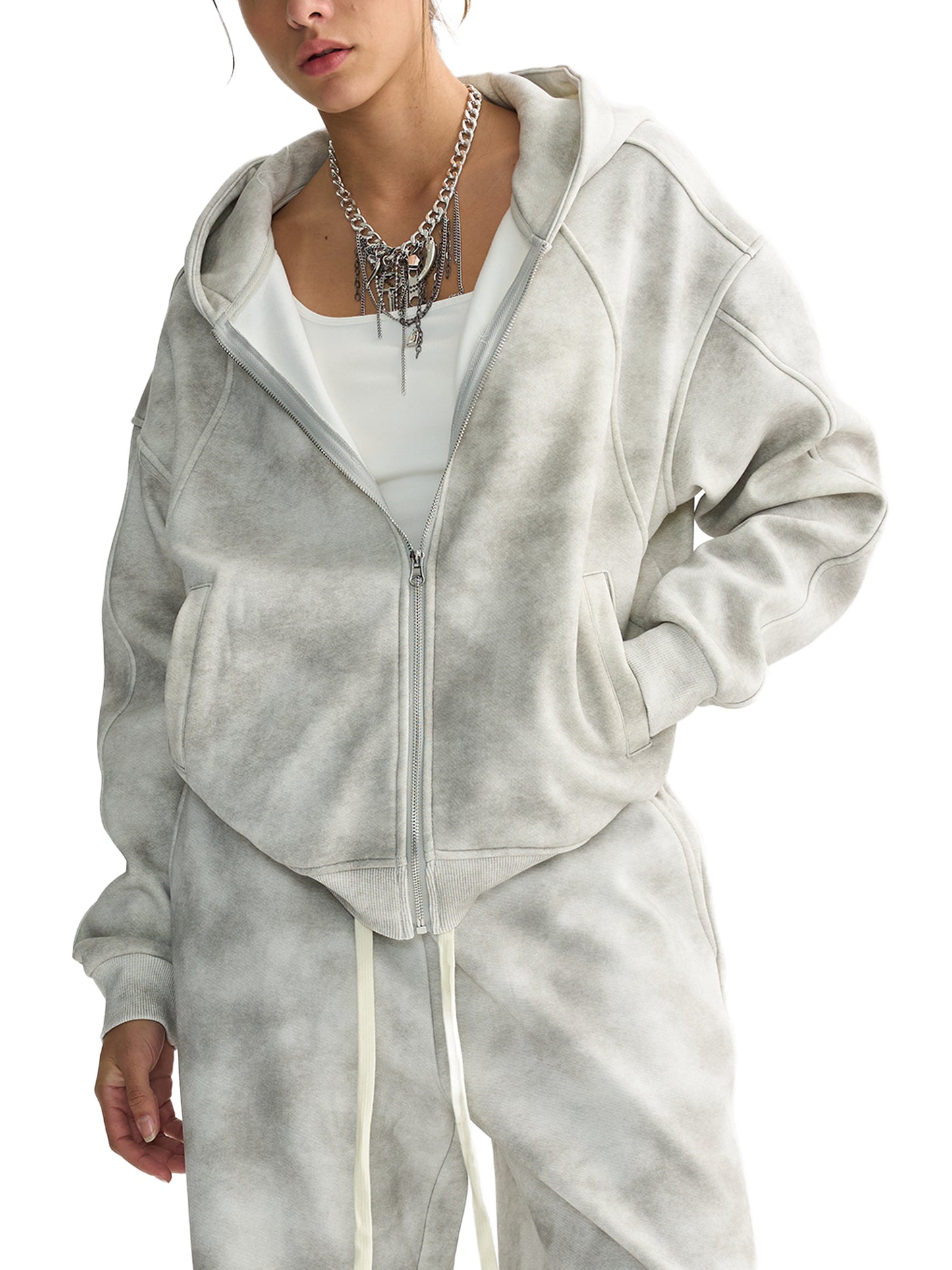 Dirty Washed Boxy Zip-up Fleece Hoodie - Fallen Angel