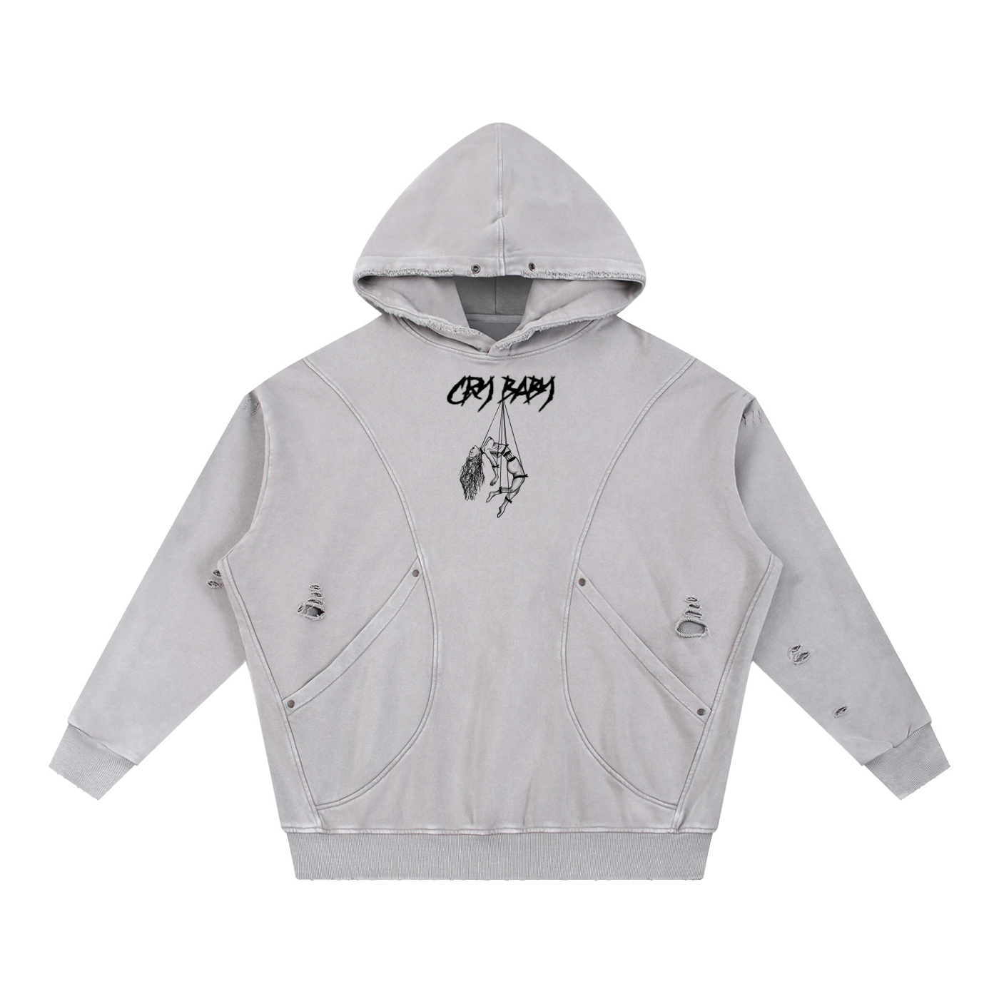 Snow Washed Distressed Panel Pocket Hoodie - CRYYBABY