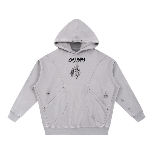 Snow Washed Distressed Panel Pocket Hoodie - CRYYBABY