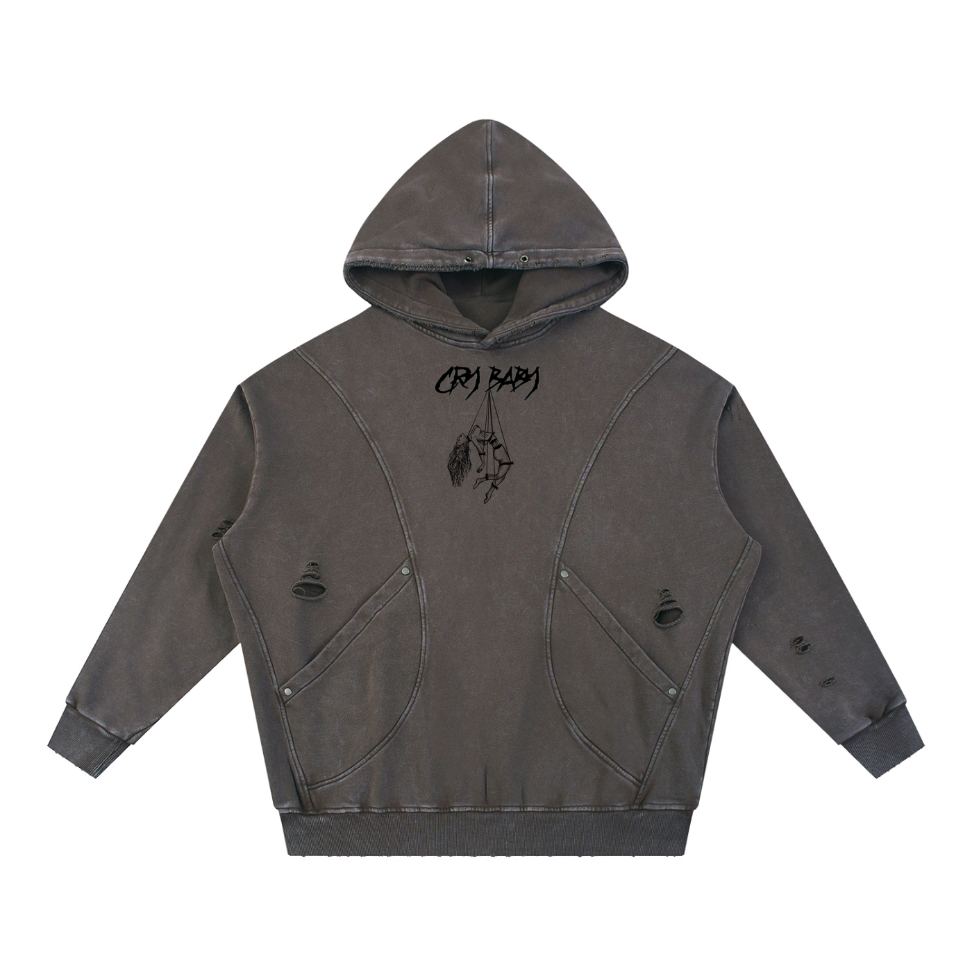 Snow Washed Distressed Panel Pocket Hoodie - CRYYBABY